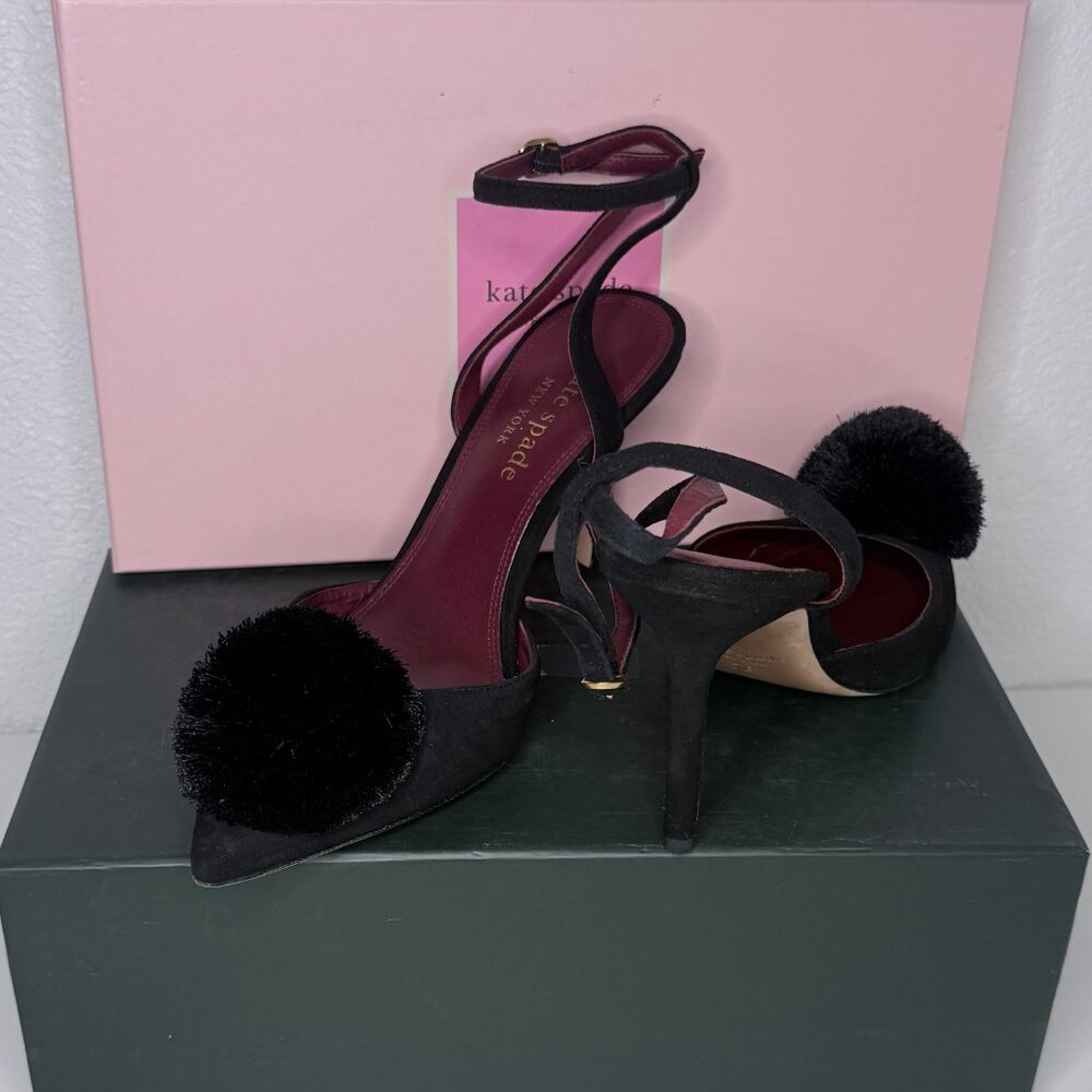 ate Spade Amour Pom Pumps Pointed Toe Heels Black Leather - Picture 5 of 5